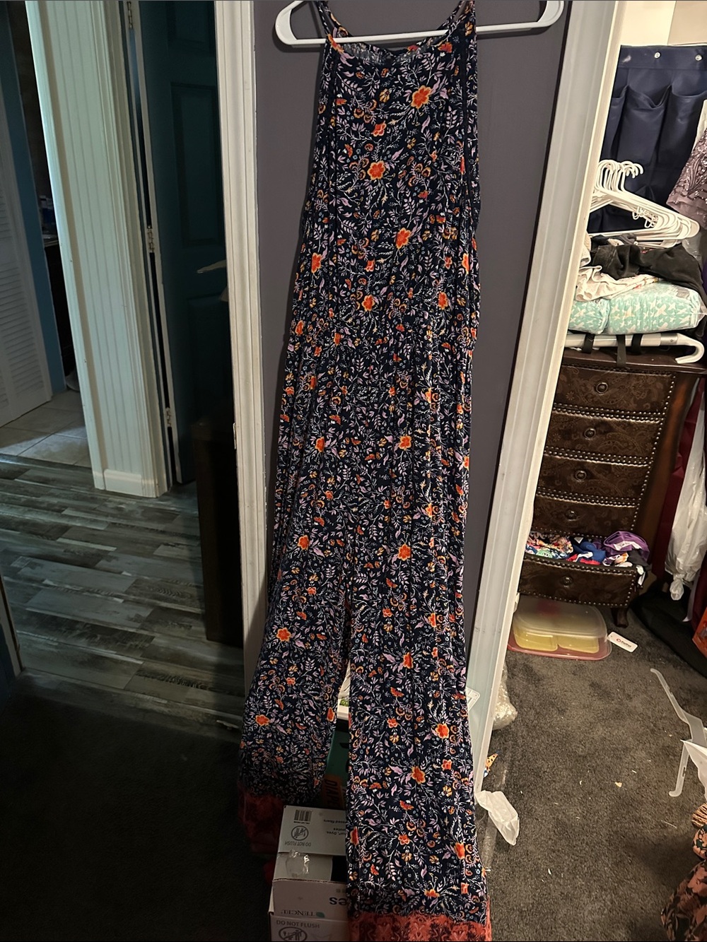 SO Navy Floral Wide-Leg Jumpsuit with Orange Accents